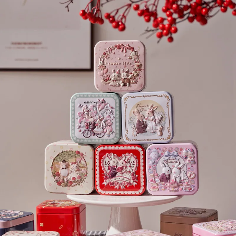 Rabbit Pattern Relief Tin Box Square Tinplate Storage Jars Candy Biscuit Tea Storage Container Gift Box