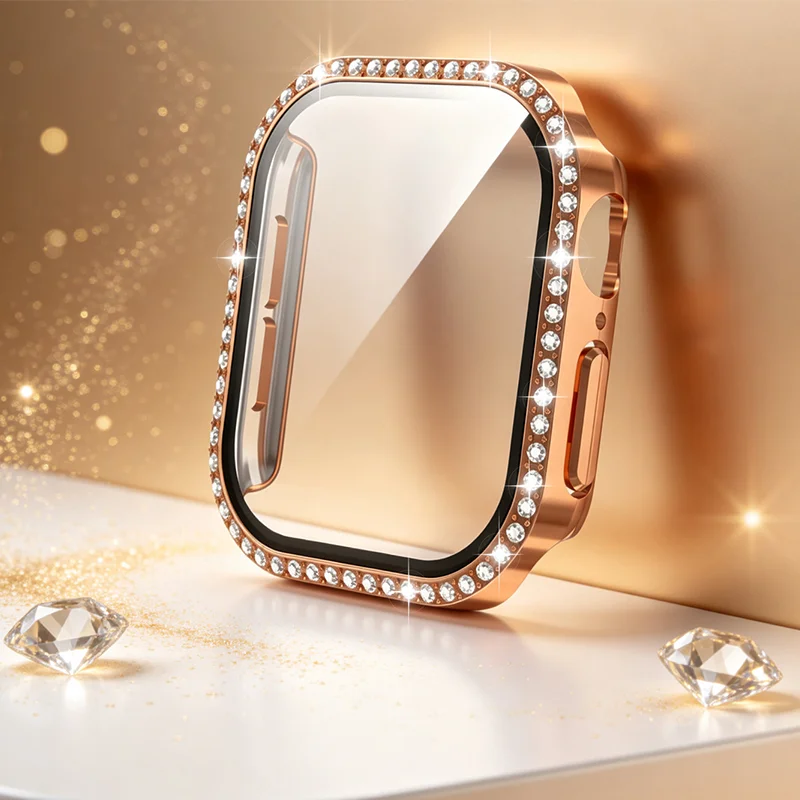 2pcs Glass+Diamond Case For Apple watch 46mm 42 44 40-41-45mm series 11 10 9 8 7 6 se Bling Bumper Screen Protector Accessories