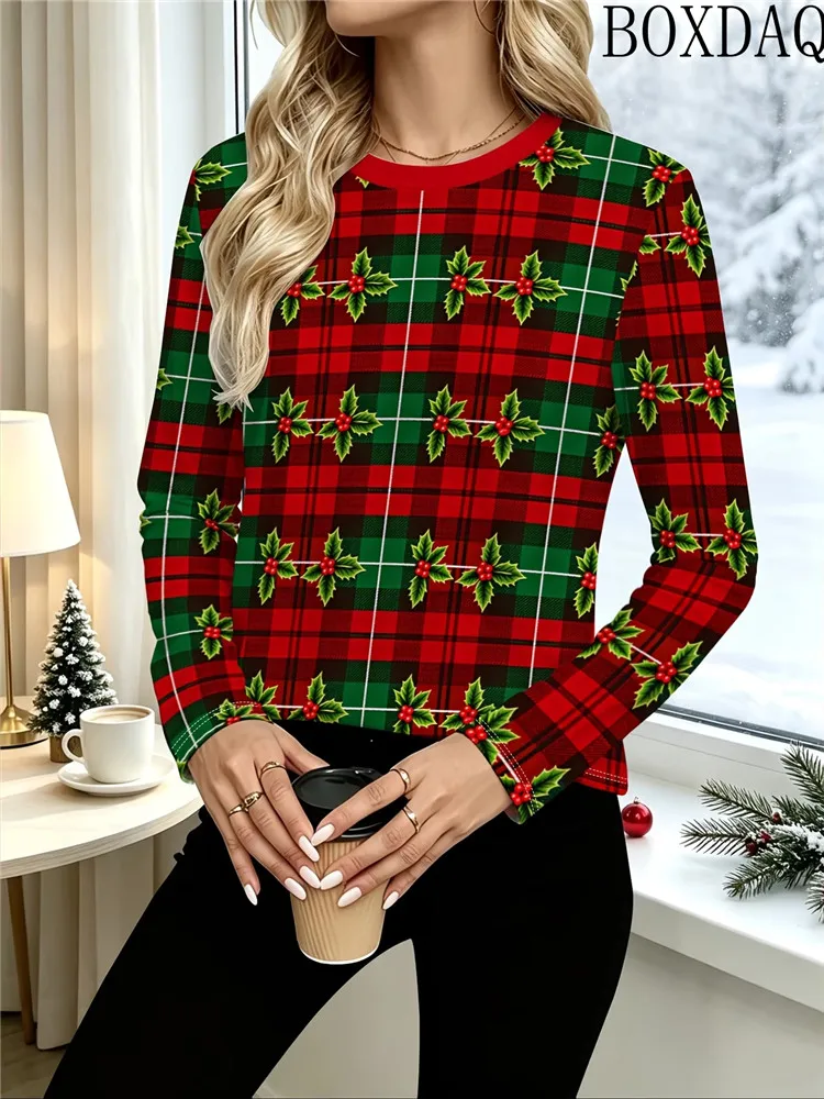 Autumn Women's Long Sleeved T-Shirts Christmas Retro Checkered Pattern Printed Casual T-Shirt 2026 Fashionable Women's Clothing
