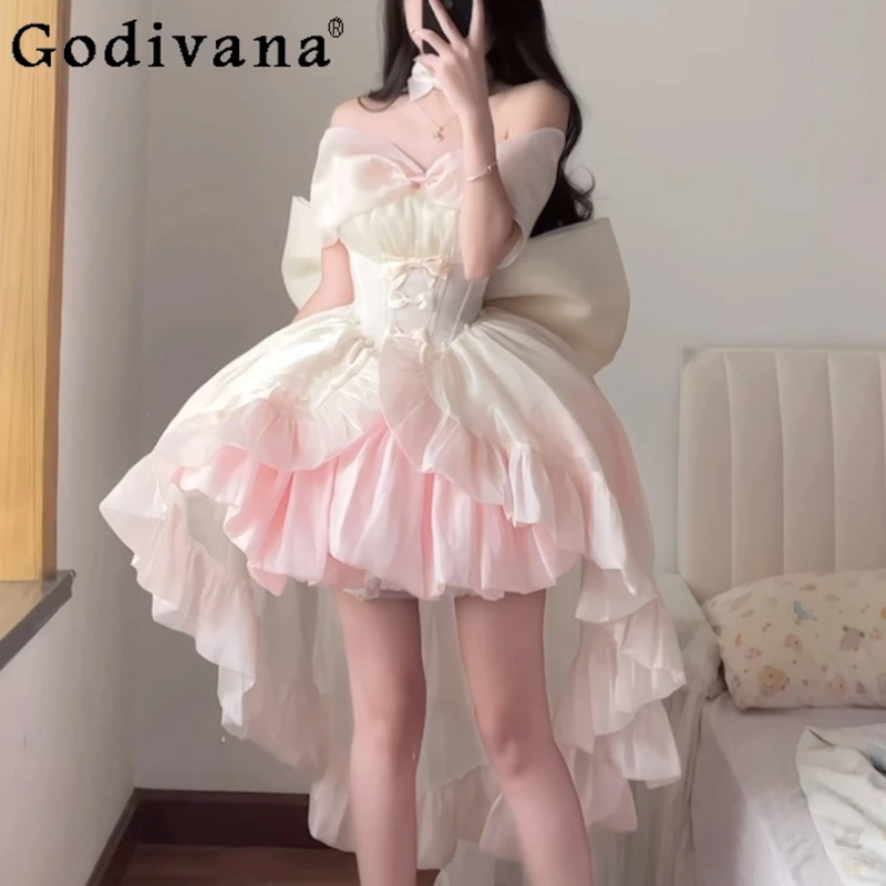 

High-end Pink Princess Style Dress New Women's High-waisted Slim Off-shoulder Big Bow Tail Birthday Dress Lolita Ball Gown Dress