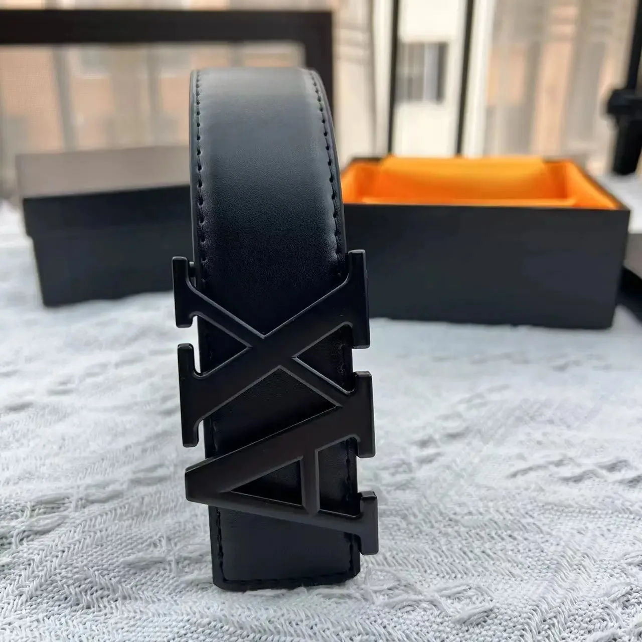 حزام رجالي مصمم 2025 - إبزيم حرف AX، عرض 3.8 سم، نمط ليتشي، نسج عادي، أزياء راقية، حزام خصر من الجلد الفاخر #4