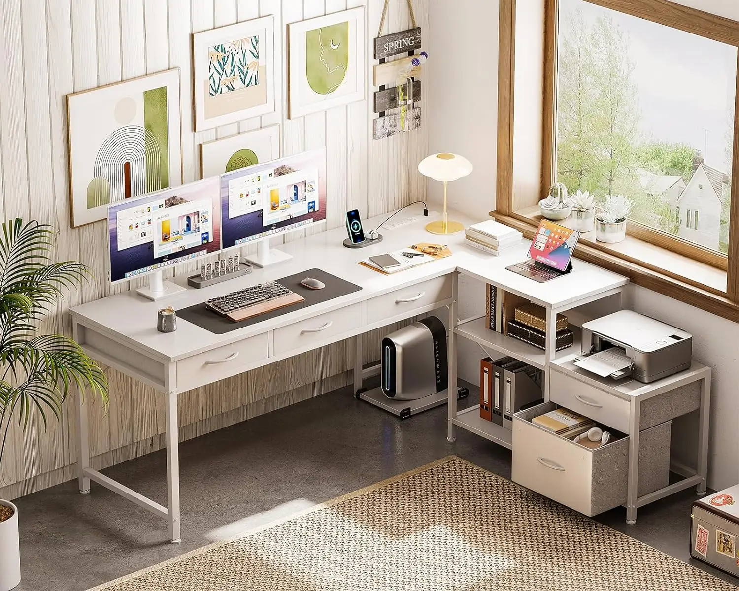 L Shaped Computer Desk with Fabric Drawers and File Cabinet, 61