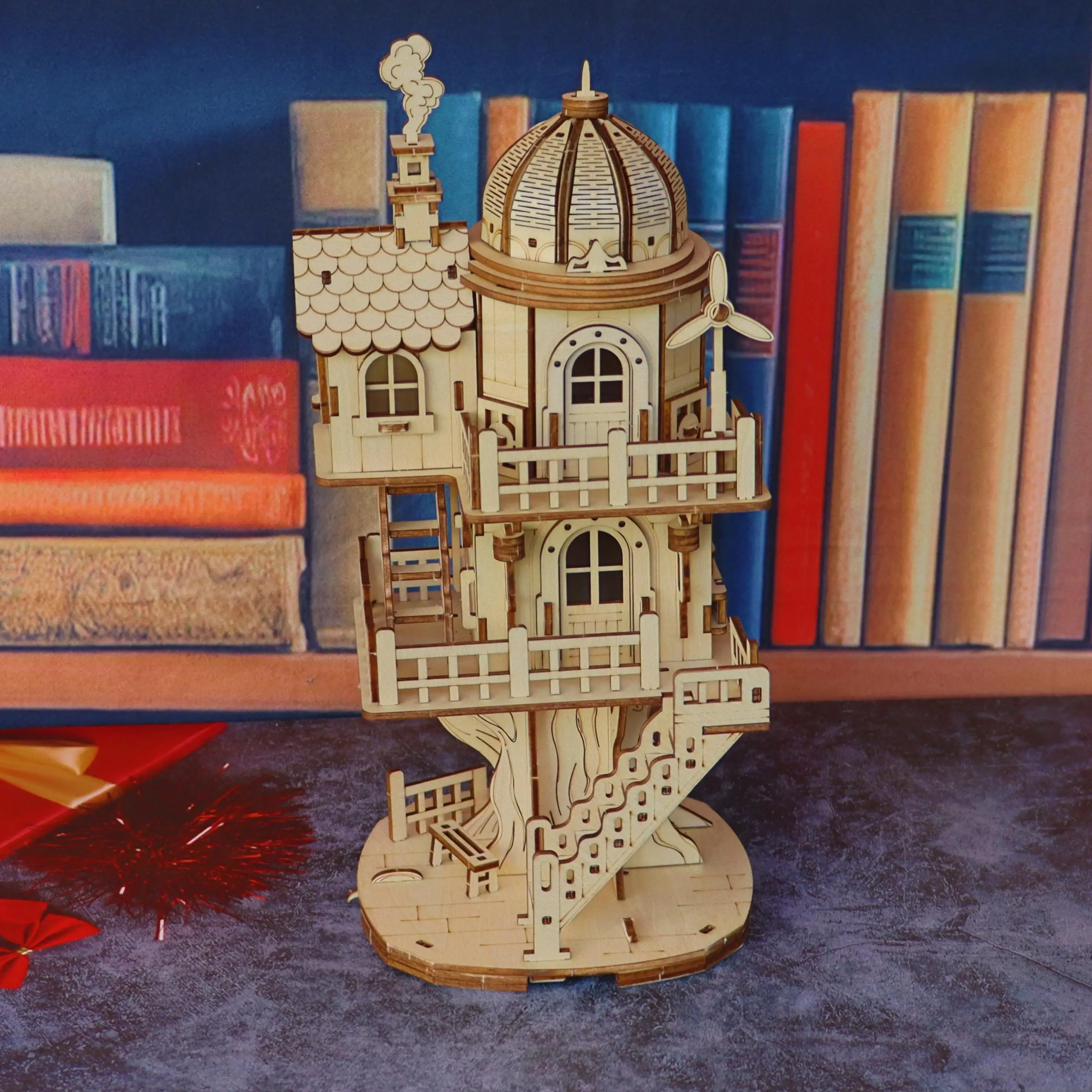 

3D Wooden Puzzle Model of Treehouse, Wooden Forest Cottage Villa, Multi Story Dome Building Assembly Model,