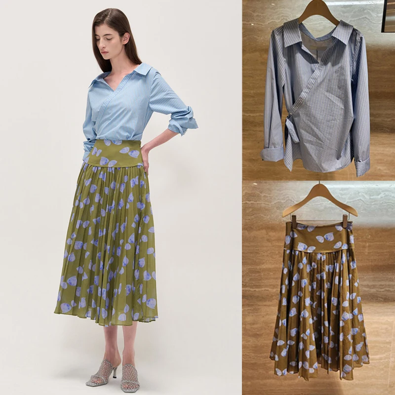 

Romantic French Sle V-Ne irt Belted Print f Skirt Women's Faion Set Long Sve Turn-down Collar Spring Collection