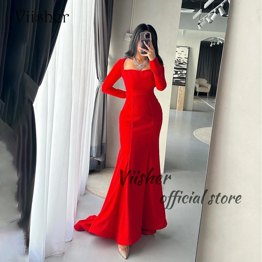 

Viisher Red Mermaid Evening Dresses for Women Long Sleeve Square Neck Prom Dress Arabian Dubai Wedding Party Gowns with Train