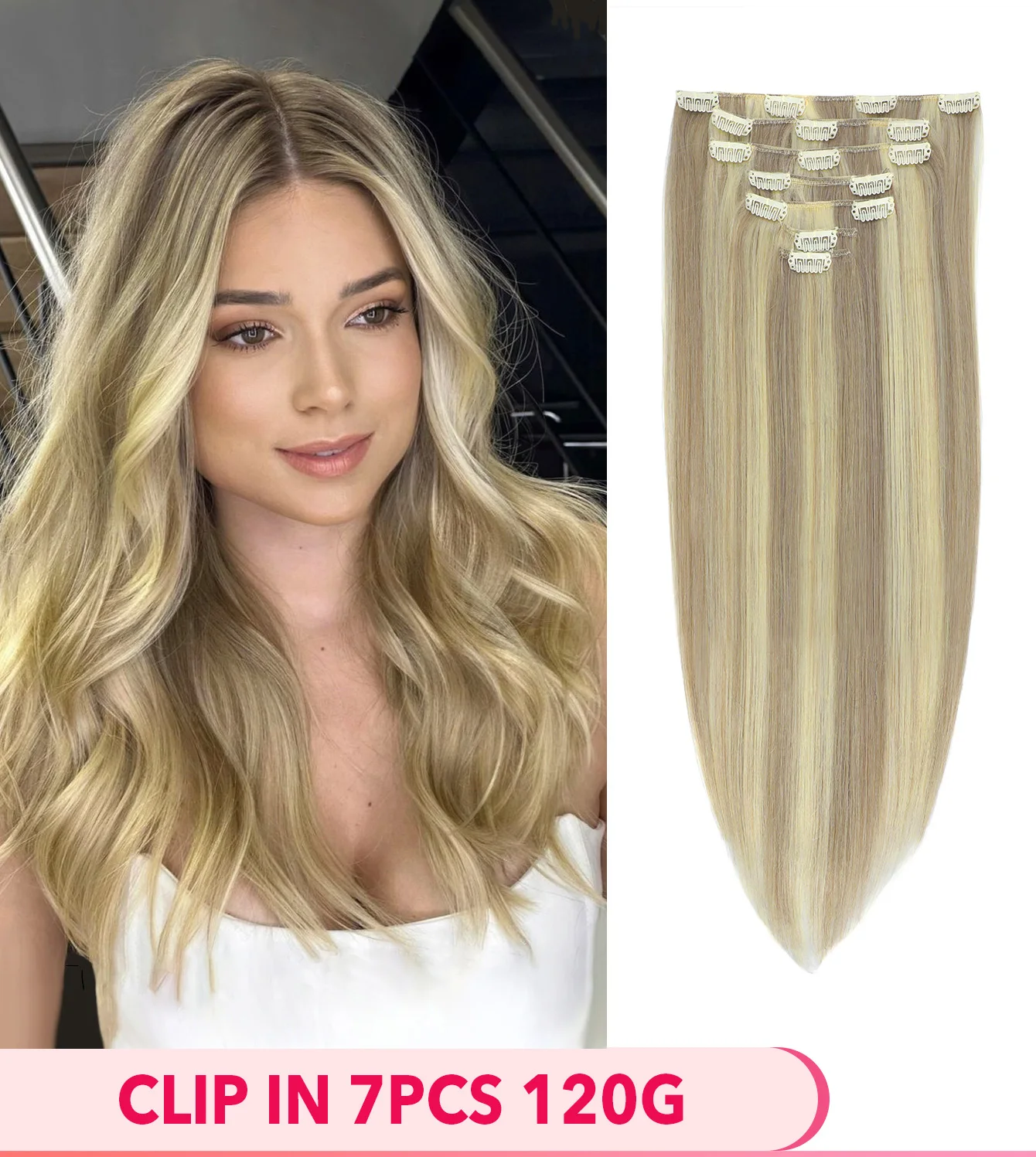 7 قطعة وصلات شعر بمشبك شعر بشري حقيقي شعر ريمي تسليط الضوء على اللون الأشقر كامل الرأس وصلات شعر برالزيان