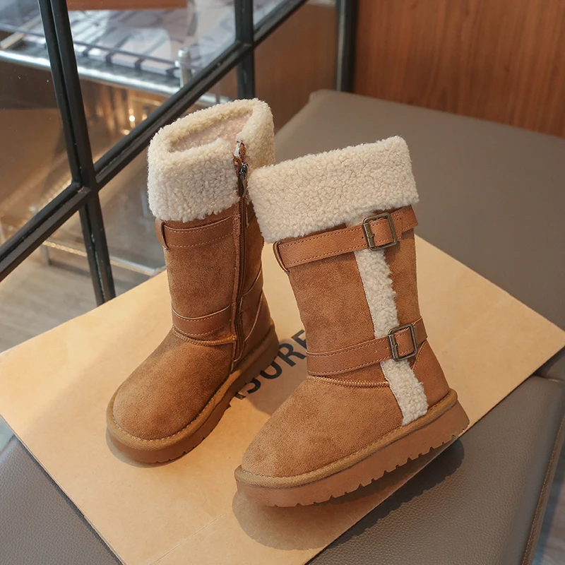 Little Girls Chunky Warm-lined Boots with Buckle 2026 New Winter Kid Fur Collar Mid-calf Boots Non-slip Retro Style School Boots