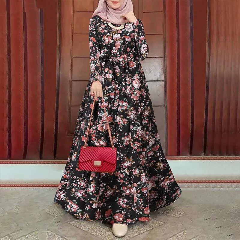 Women dress Eid Muslim Abaya floral Long Sleeve Dubai Abayas Pleated Print Belt Long Robe Kaftan Casual Loose Ramadan Morocco