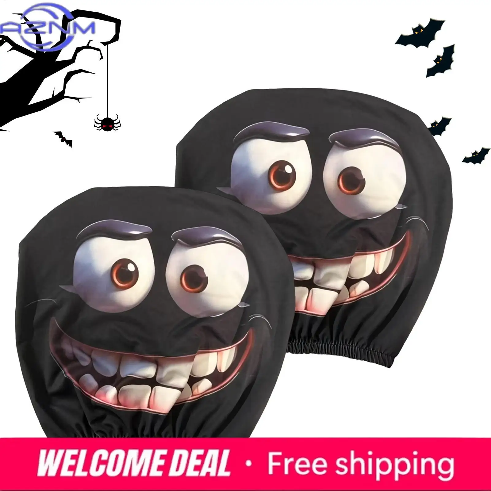 2PCS Funny Face Car Headrest Covers Auto Seat Pillow Cases Car Interior Accessories Washable Polyester Decorative Cushion Cover