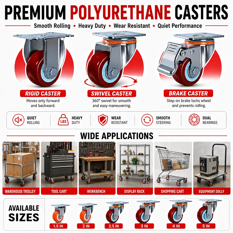 

Heavy Duty Caster Wheels 1.5 2 2.5 Inch Rubber Swivel Brake Castors Industrial Trolley Cart Workbench 150KG 200KG 240KG