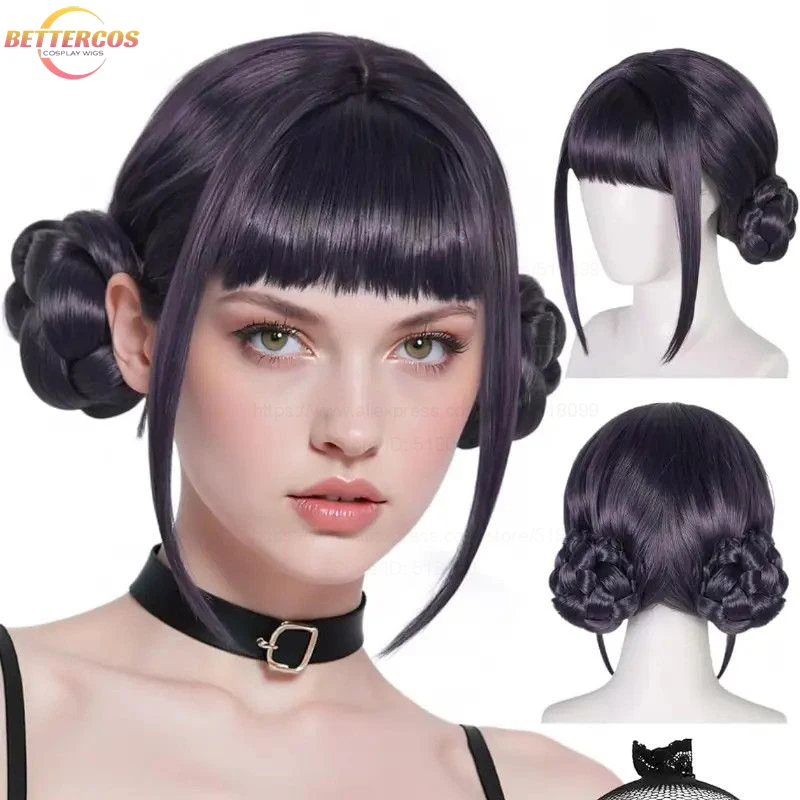 High Quality New Anime Zoey Cosplay Wig Black Purple With Buns Heat Resistant Synthetic Hair Wigs Movie Cosplay Wigs + Wig Cap