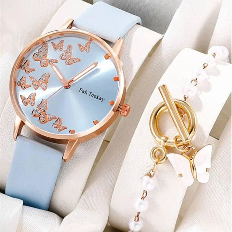 New 2pcs/set Fashion Women Leather Quartz Watch Butterfly Pattern Rhinestone Analog Quartz Wristwatch Ladies Watches Reloj Mujer