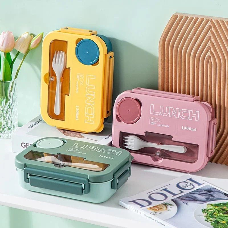 1pc 1300ML 4Grids Lunch Box with Tabieware,Microwavabie Diswasher Cieaning Hermetic Bento Box for Students Aduits Schooi Office