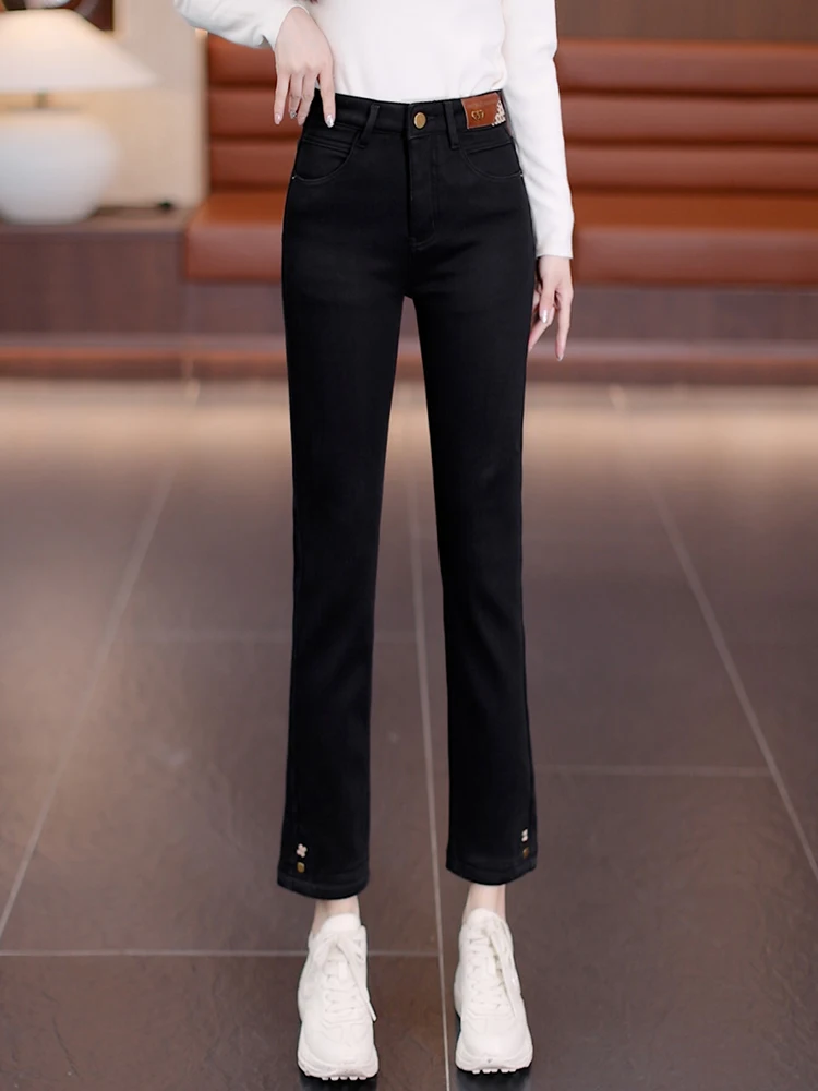 

High Waist Fleece Lined Straight Leg Jeans Women's Autumn Winter New Style Slimming Black Ankle Length Korean Style Commute Wind