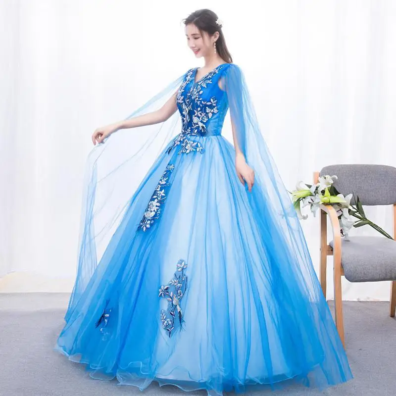 Blue Ball Gown New Classic V-neck Sleeveless Vestidos De Quinceaneras Elegant Lace Floral Long Puffy Dresses For Prom Customized