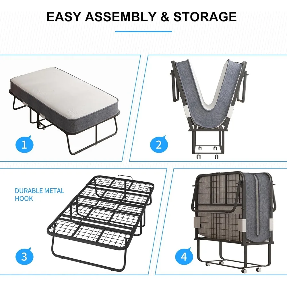 سرير قابل للطي مع 5 مرتبة إسفنجية ميموري، سرير قابل للطي بإطار معدني وعجلات قابلة للقفل، سرير ضيوف محمول للراحة