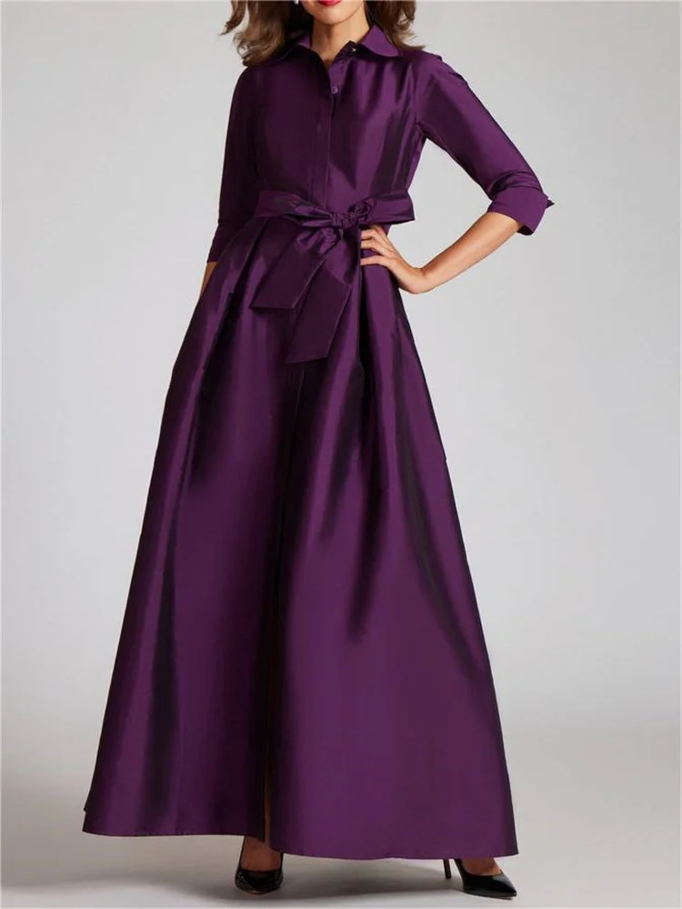 2023 Autumn and Winter Temperament Glamor Taffeta Floor Length Front Hidden Button Long Sleeve Mother of the Bride Evening Gown