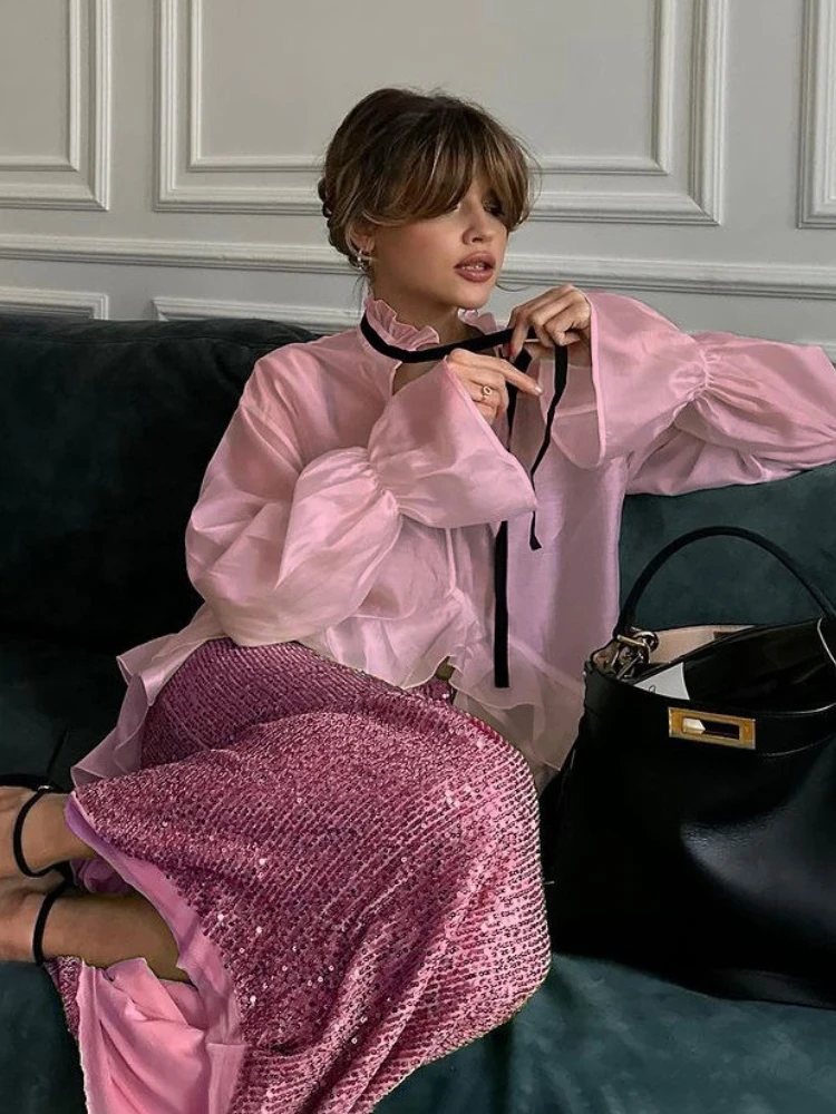 

FDYOUI Fashion See-through Blouses for Women 2025 Sexy Lace-up Flare Sleeve Ruched Party Shirts Female Evening Tops Pink Blouse