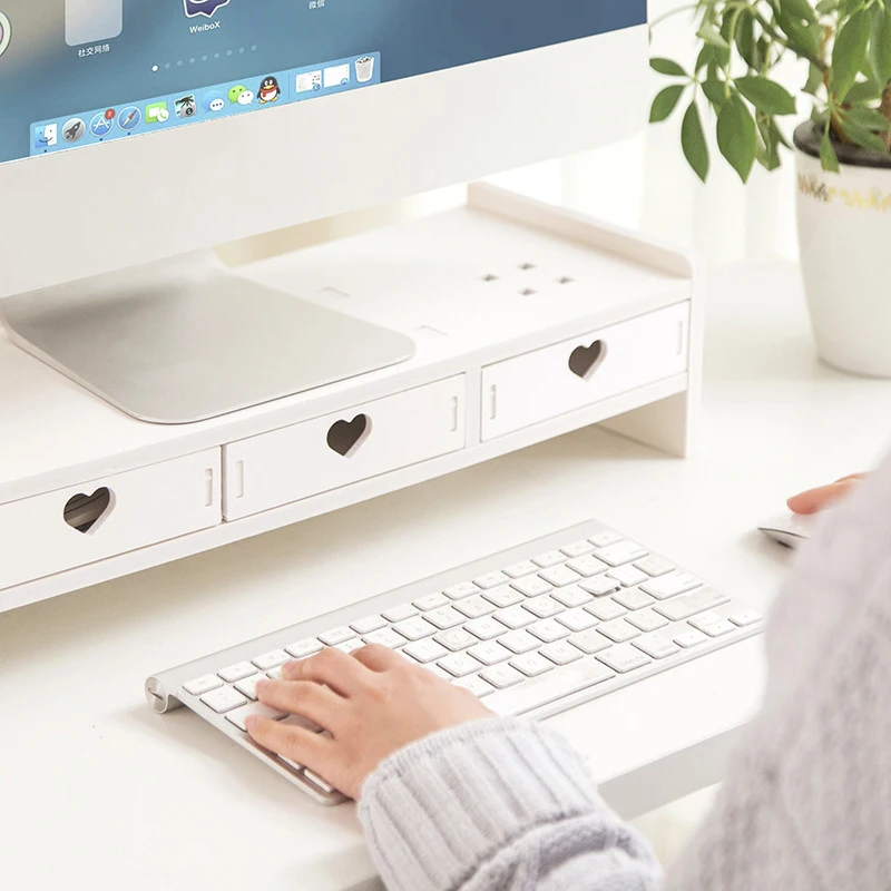 Pink White Student Storage Rack Heart Drawers Monitor Laptop Increase Shelf Office Screen Riser Holder Stationery Pen Storage