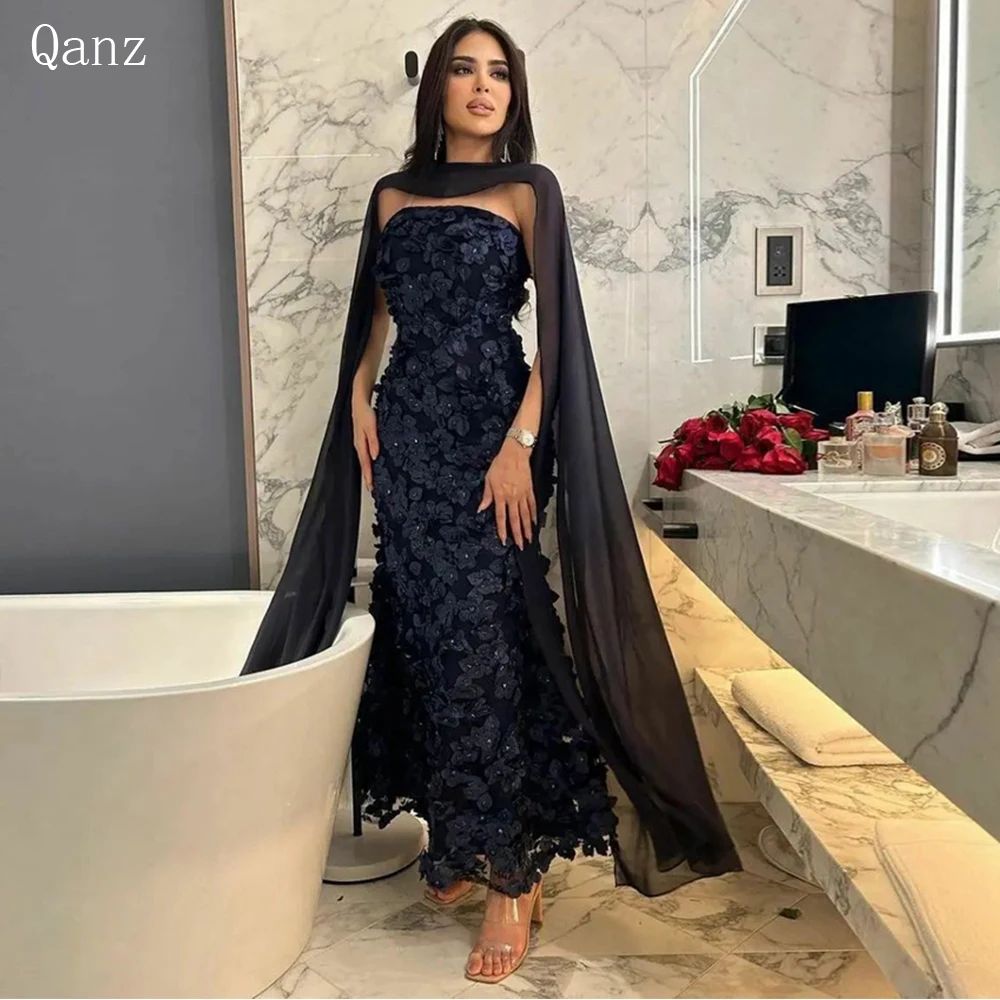 

Qanz Dubai Navy Blue Tulle Evening Dress 3D Floral Chiffon Cape Mermaid Arabic Long Prom Gown Celebrity Party Dress Customized