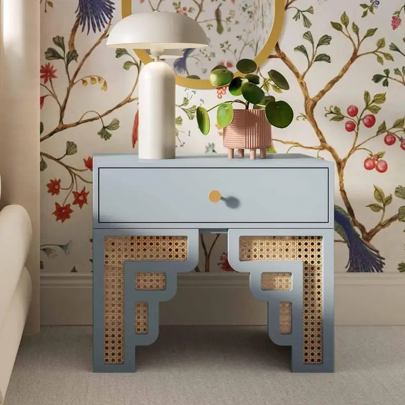 Retro-Nachttisch aus massivem Rattan für Schlafzimmer, Aufbewahrungsschrank