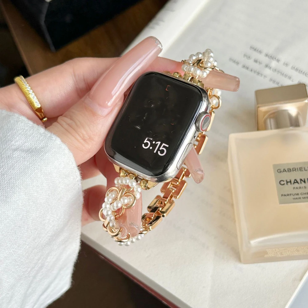 Correa de acero inoxidable para mujer para Apple Watch Ultra 2/1 49mm 10 9 8 7 42mm 46 44 45mm correa de perlas para IWatch 6 5 4 SE 38 40 41mm