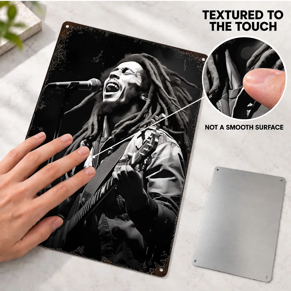 Bob Marley Singing On Stage Printed Poster Personalized Aluminum Metal Sign Monochrome Wall Art For Bedroom Listening Corner