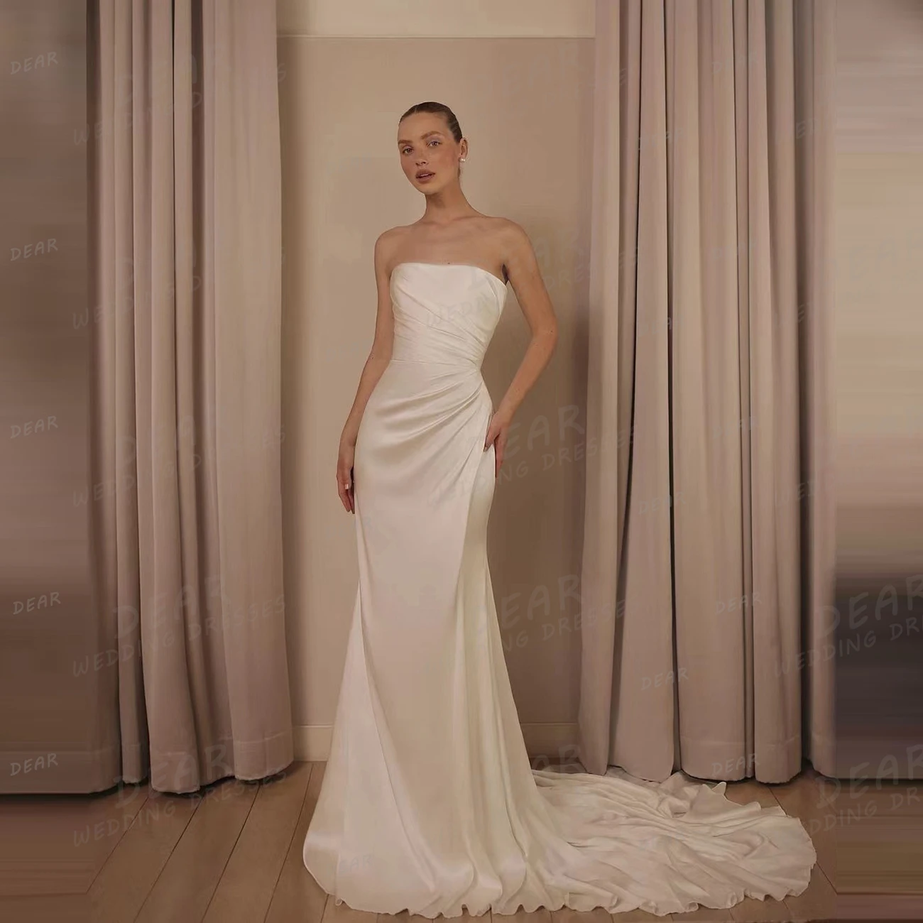 Einfache Frau Brautkleider Meerjungfrau ärmellose Brautkleider rücken frei Sweep Zug elegante Satin Vistidos de Novias 2024 Gala