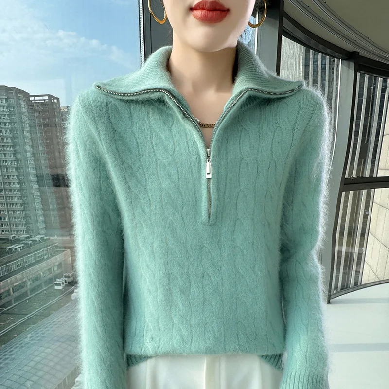 المرأة الخريف الشتاء سترة سميكة 100% المنك النقي الكشمير شبه البريدي التلبيب البلوز عادية فضفاض المقلية العجين التقلبات