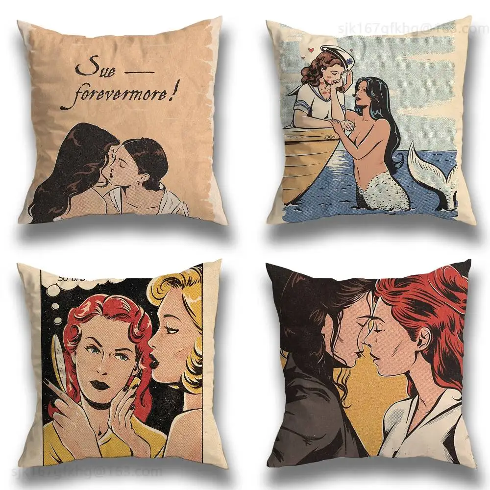 

Cartoon Lesbian Woman Pillow Case Square Double-Sided Printing Short Plush Sofa Cushion Cover Bedroom Bedside Pillow
