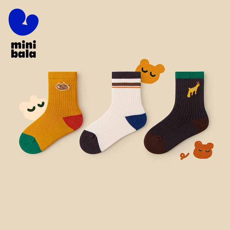 Mini Balabala Kids Paquete de 3 calcetines de algodón suave Nuevos transpirables, elásticos y agradables para la piel para niños y niñas
