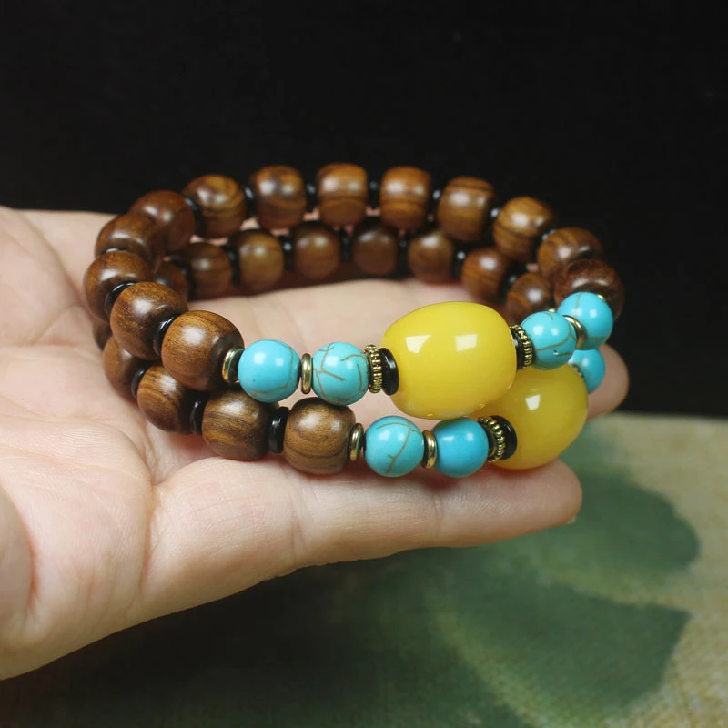 

Black rosewood apple beads 7*9 bracelet with turquoise spacer beads, collectible jewelry and prayer beads