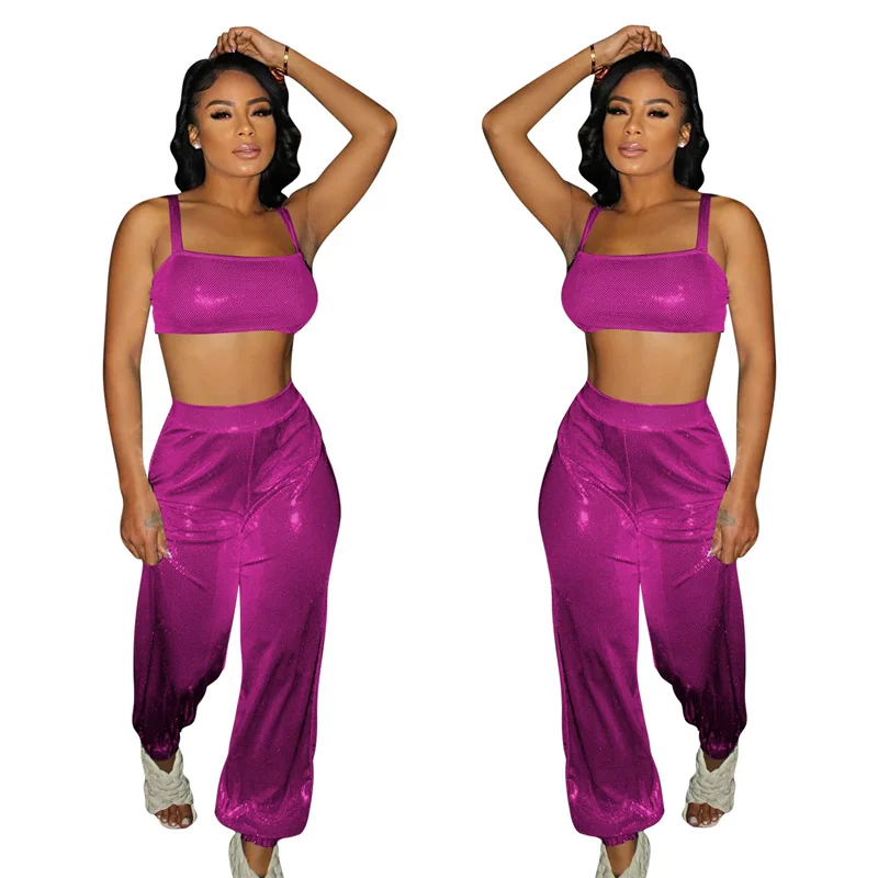 Sexy Glitter 2 Piece Birthday Outfits for Women Co Ord Sets Club Wear Crop Top and Pants Sets Party Midnight Matching Sets 2022