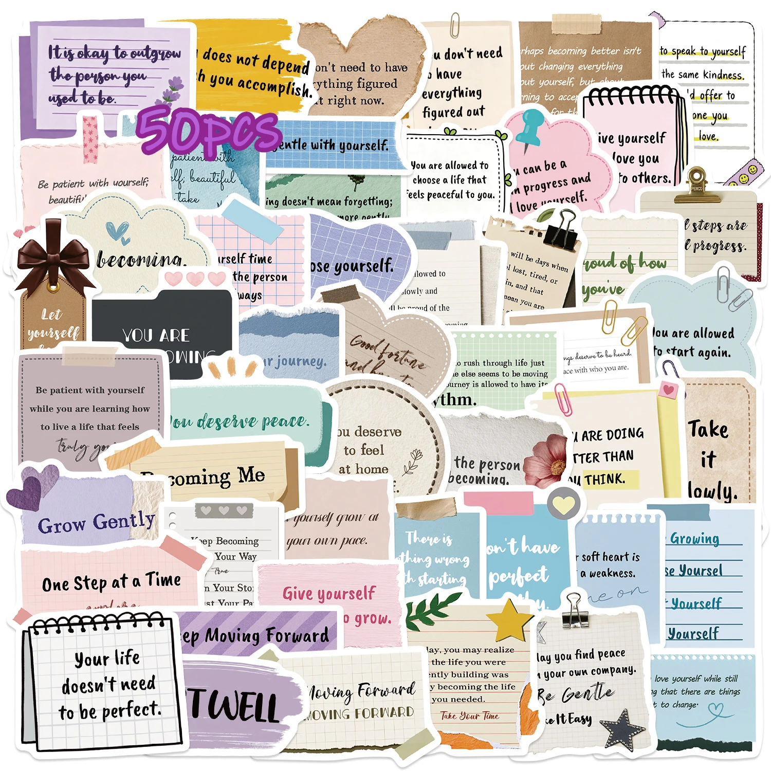 50Pcs Eco-friendly Positive Quote Stickers, Aesthetic Motivational Paper Decals for Journal Scrapbook DIY
