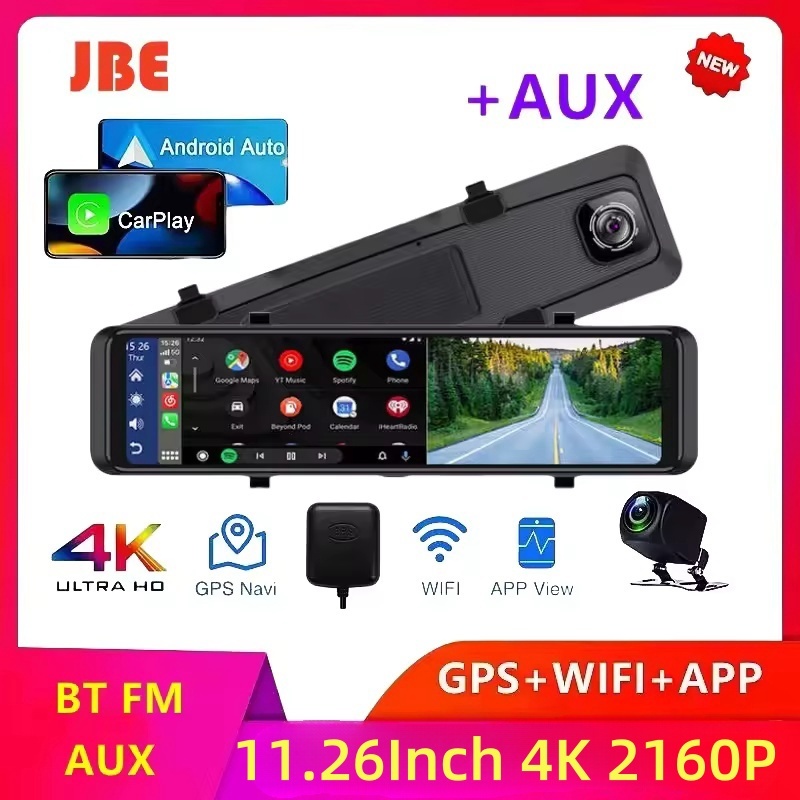  4K 11.26“Dash Cam38402160P Car Mirror Video Recording Carplay & Android Auto Wireless Connection 5G WiFi GPS Navigation FM AUX 