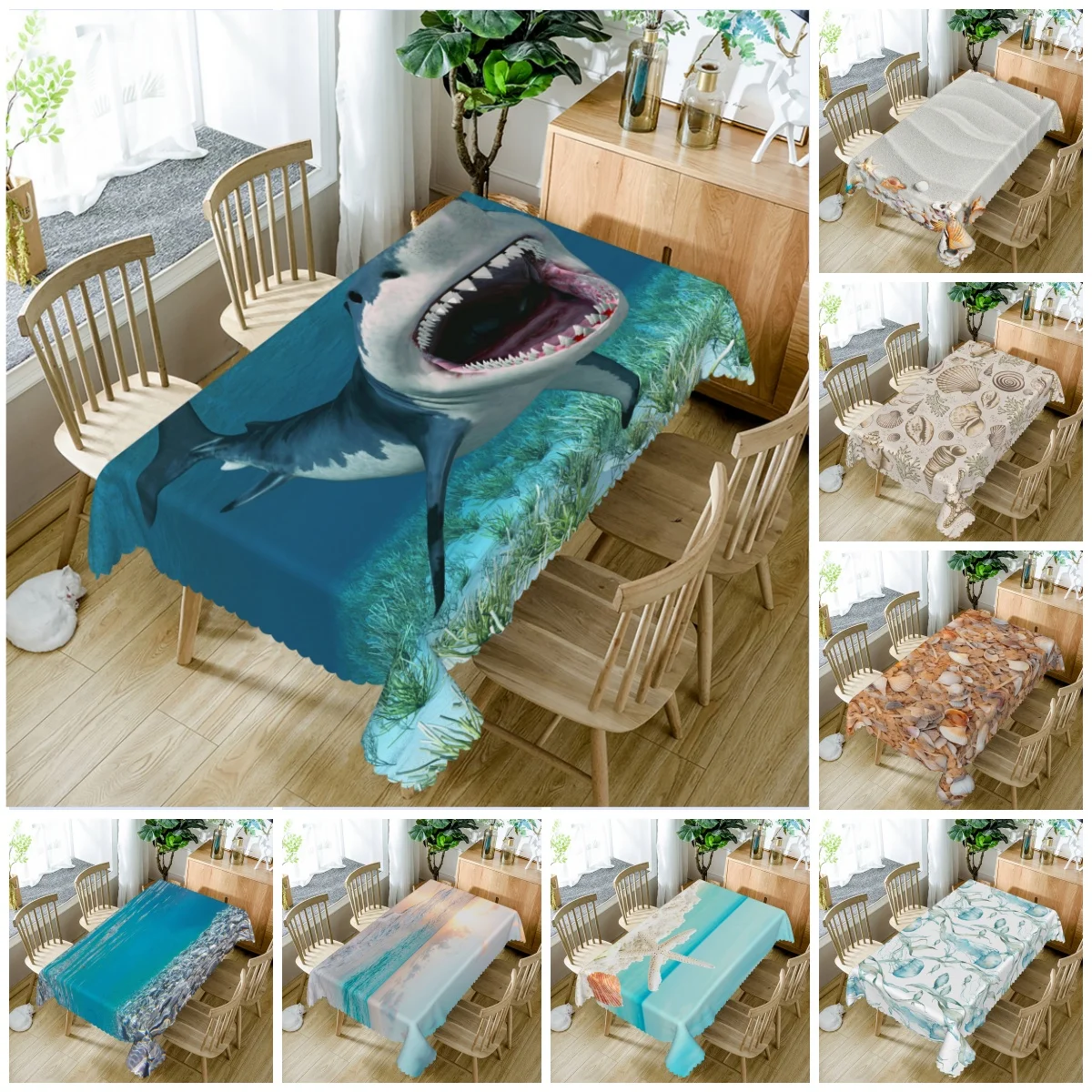 Ocean Theme Tablecloth with Shark Shell turtle Print Marine Style Waterproof Polyester for Kids Room Home Birthday Party Decor