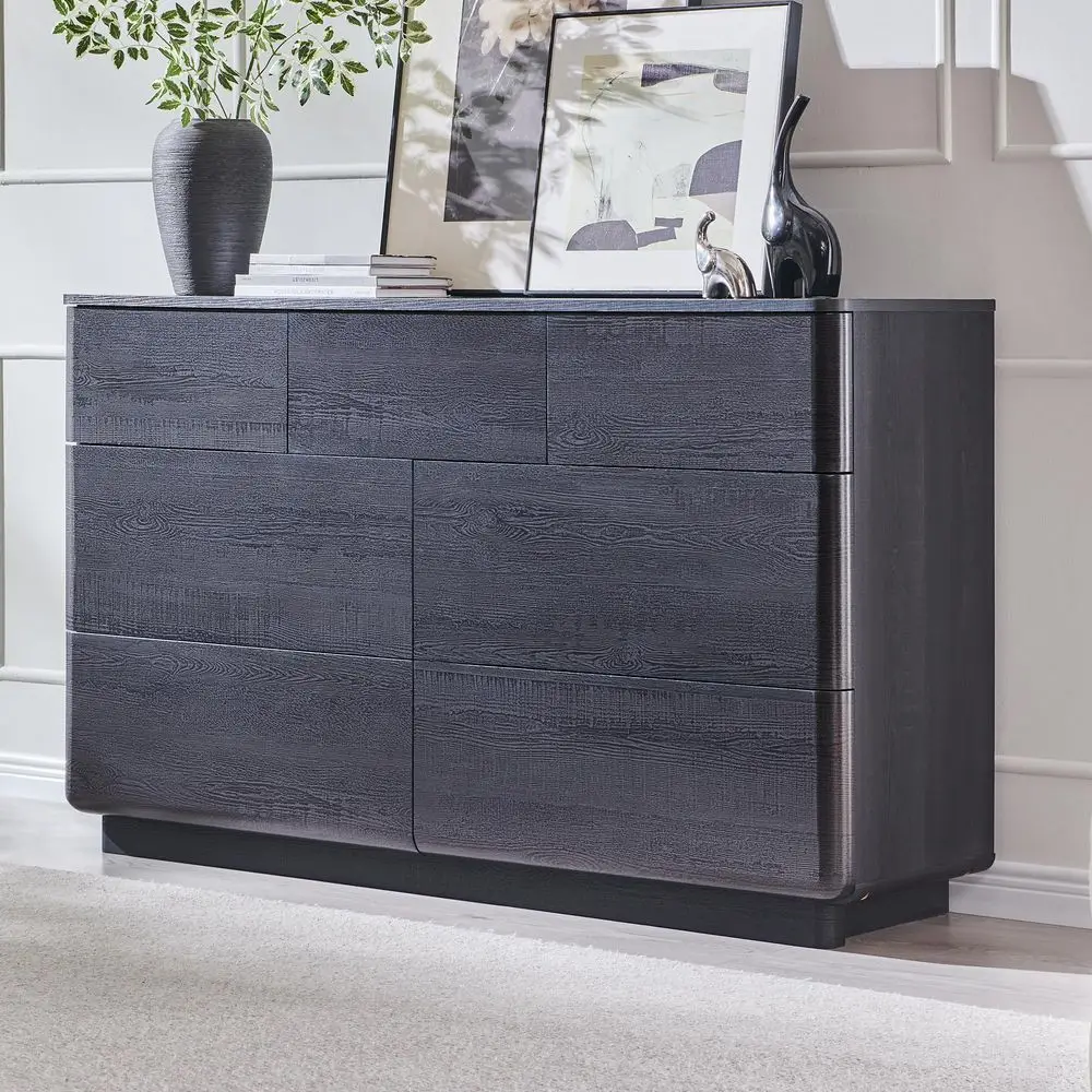 Dresser for Bedroom 8 Drawer 47 Black Chest of Drawers Wood, Modern Fluted Cabinet with Sturdy Storage, Wide Aesthetic Furnitur