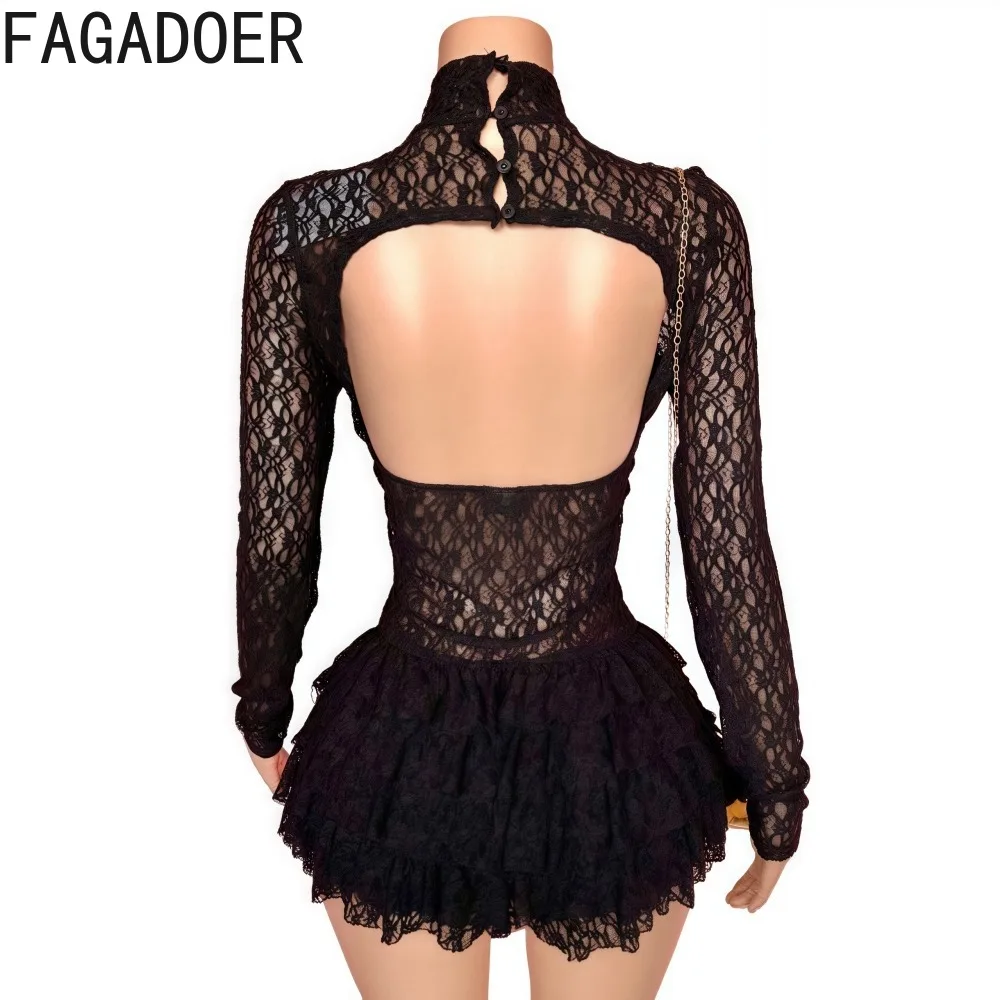 FAGADOER Sexy Lace Ruffle Patchwork Bodycon Romper Woman See Through Long Sleeves One Piece Jumpsuits Female Nightclub Overalls - Image 6