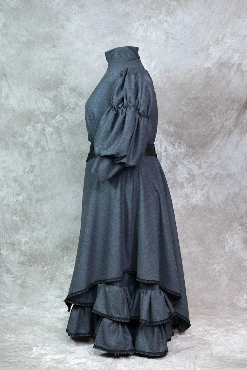 زي الحداد التاريخي الفيكتوري الإدواردي دوقة القوطية فستان المشي الأسود الحرب الأهلية جنوب حسناء الروكوكو الكرة ثوب