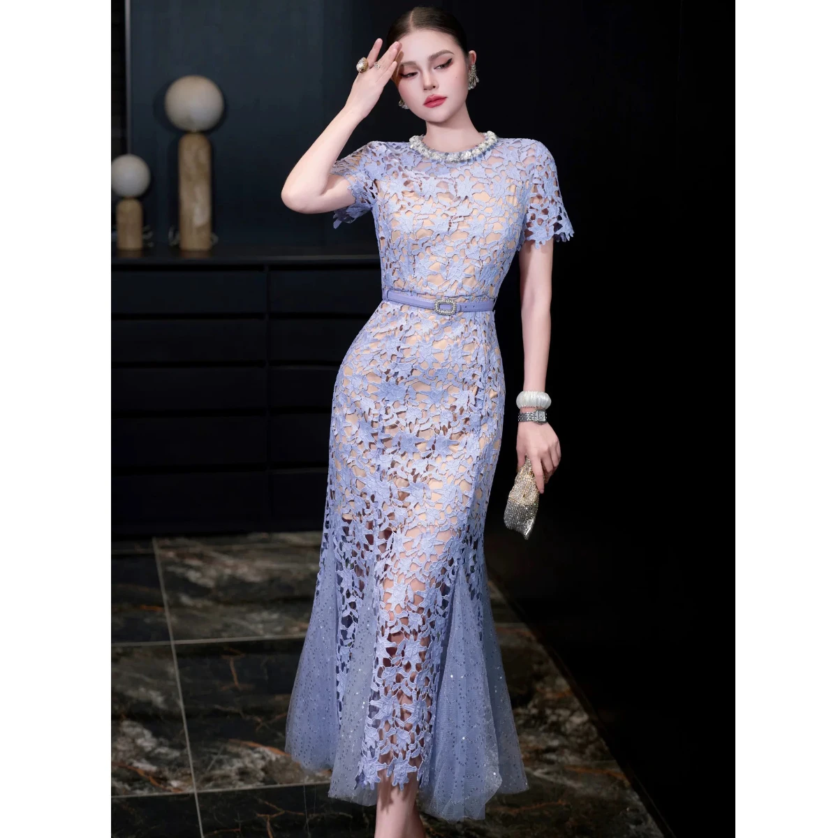 

Women Luxury Lace Long Mermaid Dress Summer Crystal O-Neck Short Sleeve Hollow Out Pencil Prom Evening Dresses Formal Vestidos