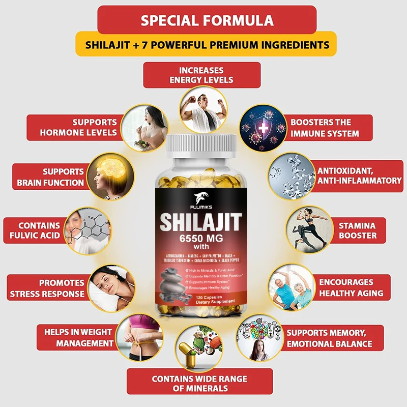 Shilajit Himalayan Capsules - 6550mg - Combined Ashwagandha, Ginseng, Saw Palmetto, Maca, Tribulus, Chaga, Black Pepper