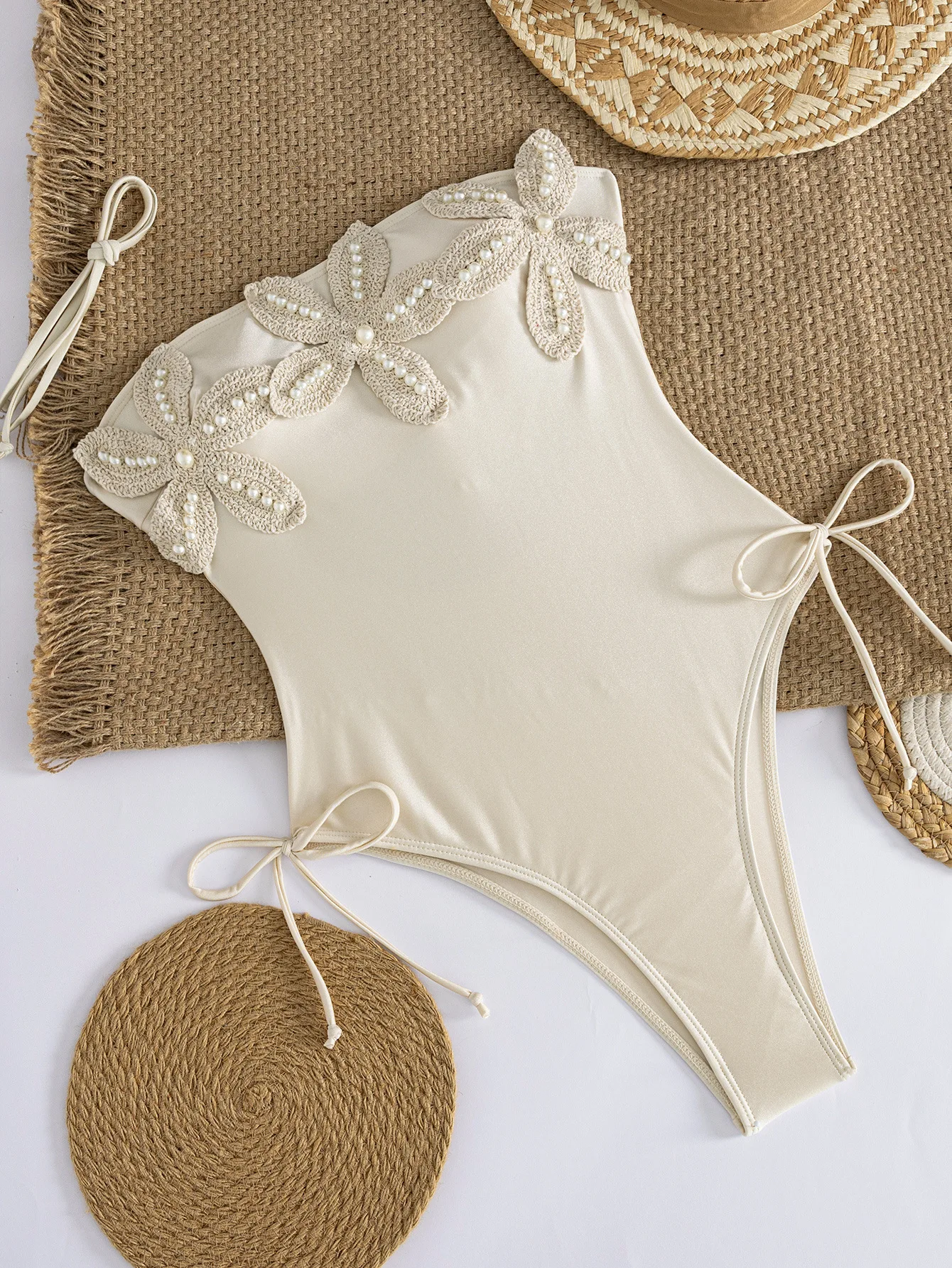 sexy milky white pearl flower bandeau swimsuits one piece back tie bodysuits swimwear bikinis bathing suit tankini biquini