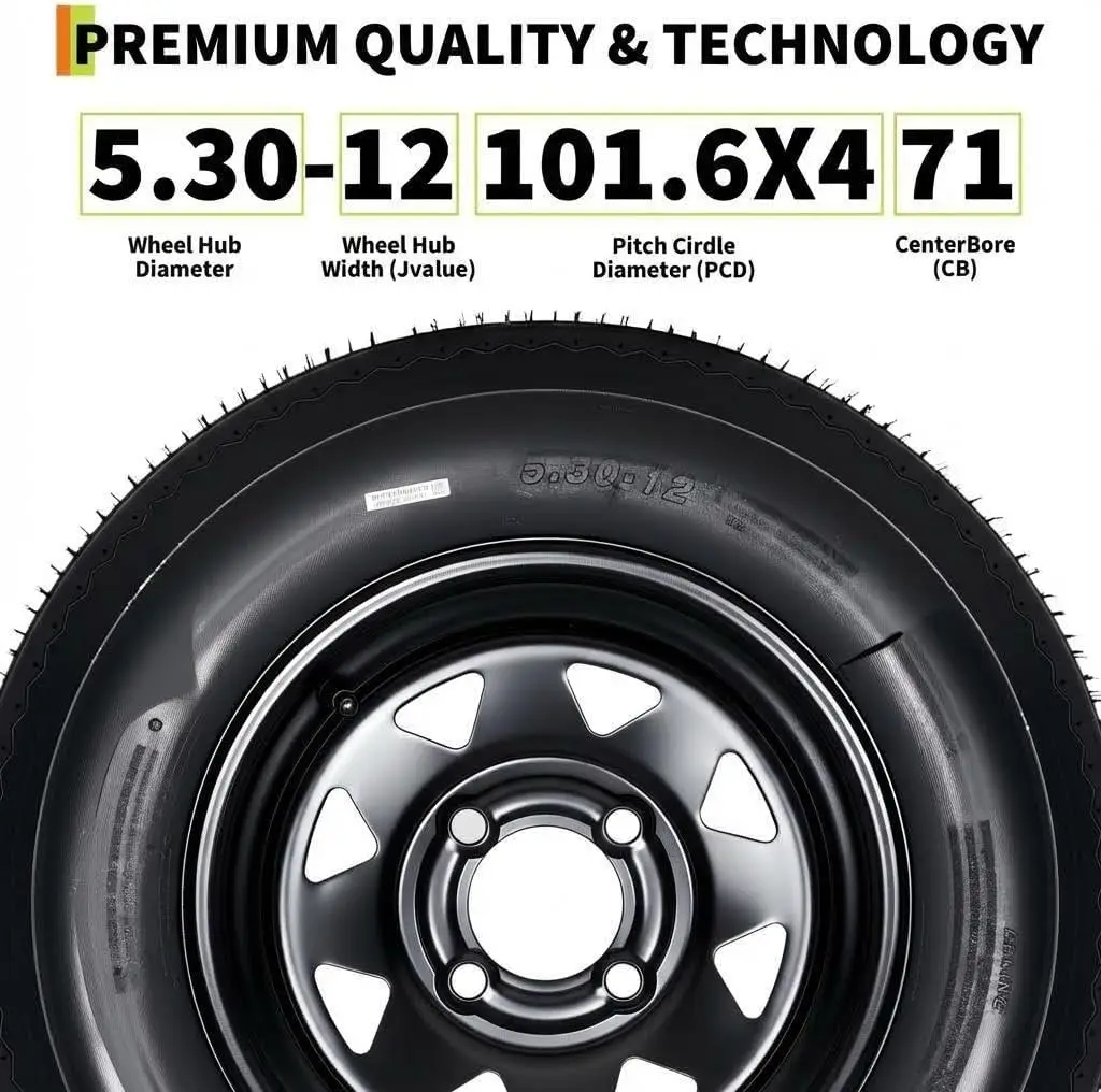 

Комплект из 2 шин и дисков для прицепа 5.30-12, 6-слойные, нагрузка 1050 фунтов, 4 крепления