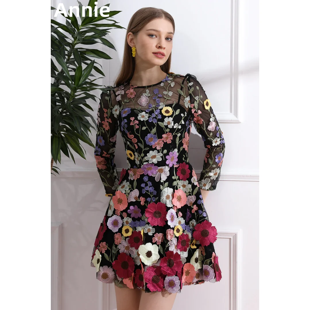 Annie-Robe de Bal en Dentelle à Manches sulf, Brodée de Fleurs, Noire, en Tulle, Courte, Éducative