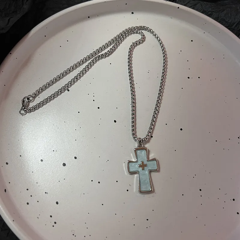 Gothic Blue Cross Pendant Sliver Color Chain Necklace For Women