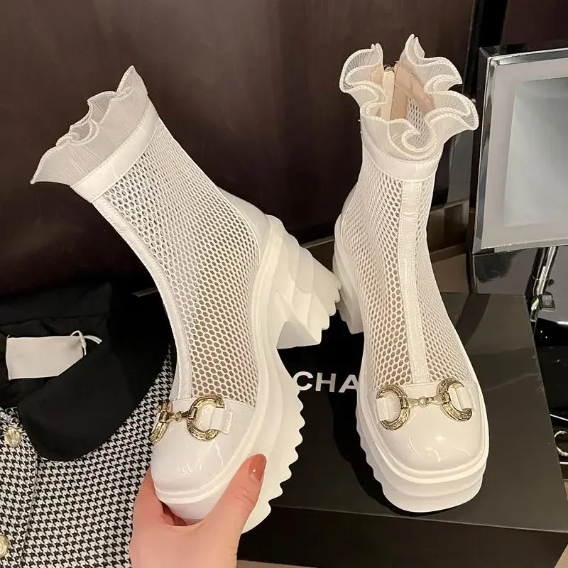 Lace Kawaii Summer Breathable Platform Boots Lace-up Thick Sole Women Back Zipper Height Increasing Boots Women's Breathe Boots