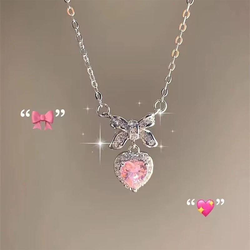 Colar pingente coração bowknot cristal zircão para mulheres, elegante corrente de clavícula para senhoras, joias rosa para meninas, moda