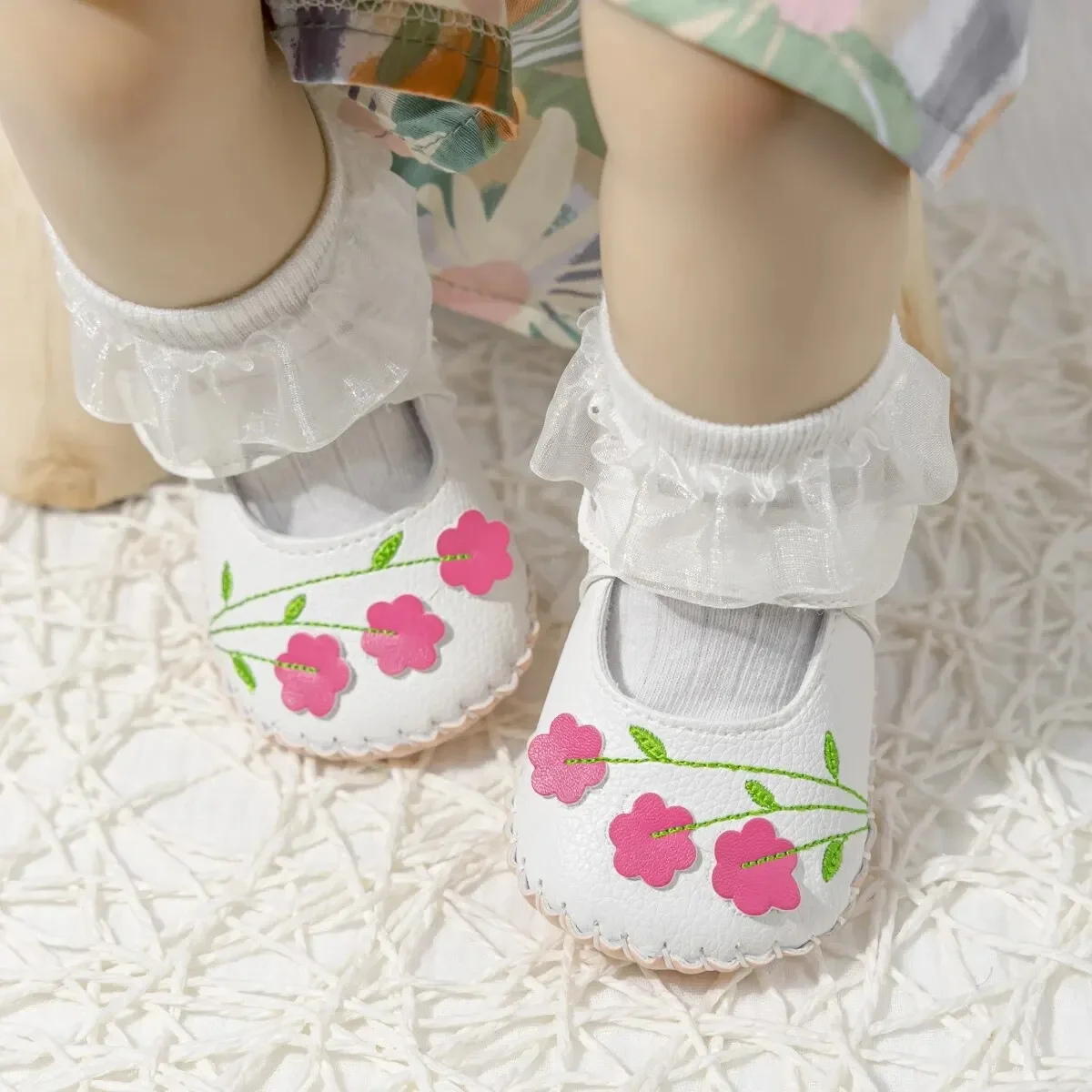 Meckior Baby Boys Girls Pu Leather First Walking Crib Shoes Toddler Rubber Sole Infant Embroidered Flower Princess Baby Shoes