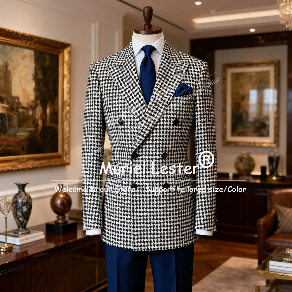 

Classic Houndstooth Suits Men Double Breasted Jacket Pant 2 Pieces Sets Plaid Tweed Woolen Men's Attire Groom Dinner Tuxedos