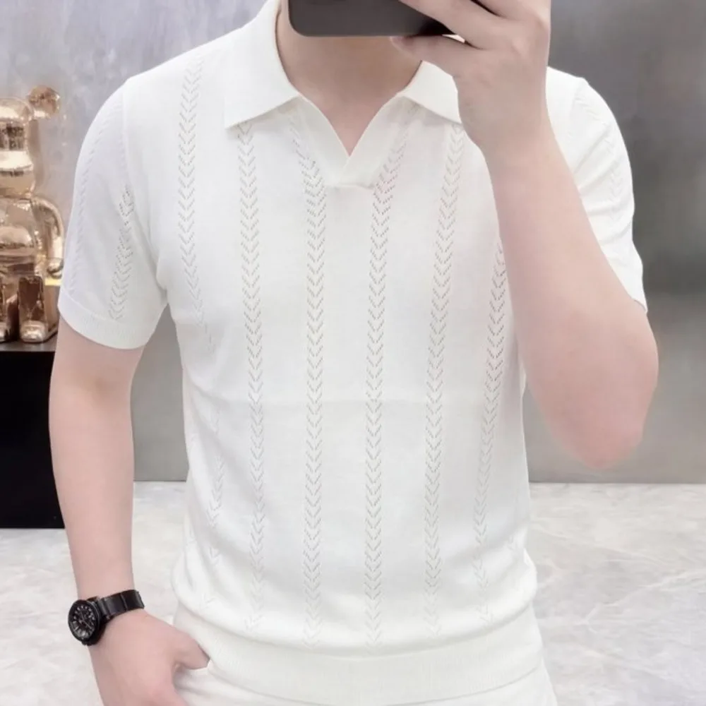 Fashion Brand Lapel Color Matching Knitted T-shirt Striped Polo Shirt Men's Short Sleeve Slim Fit Casual Top Playera Polo Hombre